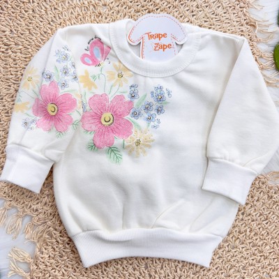 Conj. Casaco com Flores Coloridas e Calça de Moletom - Off White e Areia